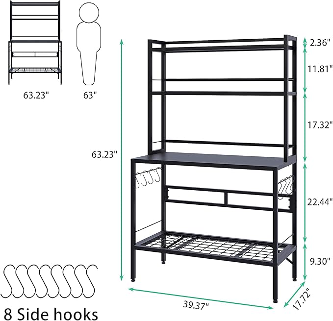 63" H Outdoor Metal Garden Potting Bench&Table with Metal Tabletop, 4-Tier Plant Shelf Rack, 8 Side Hooks, Outdoor/Indoor Gardening Workstation and Plant Stand, Black