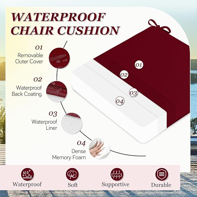 Waterproof Outdoor Chair Cushions Set of 2, Square Outdoor Seat Cushions with Ties and Removable Covers, 19 x 19 Outdoor Cushions for Patio Furniture with Portable Handle(Burgundy)