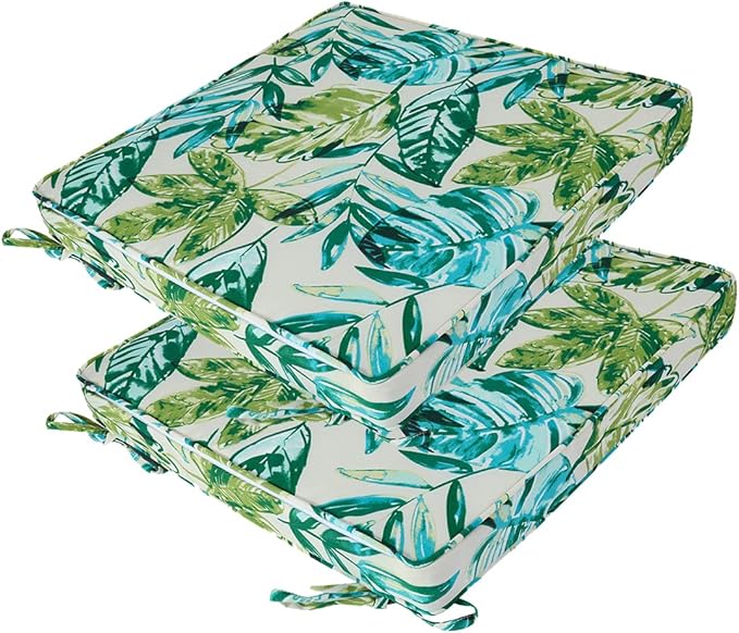Outdoor Chair Cushions 18x18 Inch,Set of 2,Water Resistant Chair Pads with Ties,Square Seat Cushion 18"x18"x2.5",Patio Chair Cushion for Garden,Backyard Furniture(Palm Leaf)