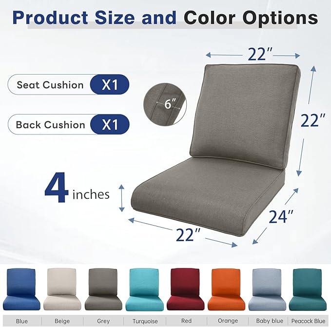 Belord Luxury 4" Thick Regular Outdoor Cushion Set - 22 x24 Inch 28D Sponge Filling Fade-Resistant Chair Cushions, Spill Proof Removable Patio Furniture Replacement Cushion for Sofa Bench - Grey