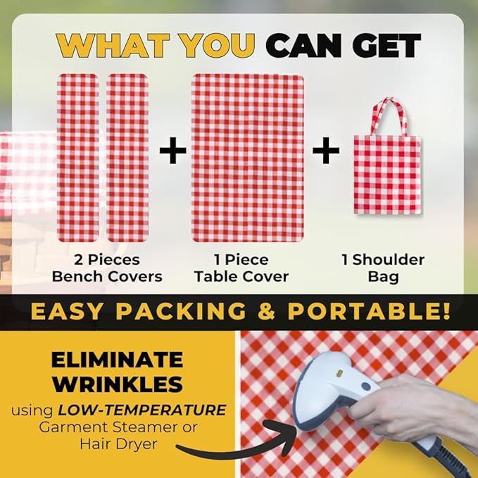 RNOONY Vinyl Fitted Picnic Table Cover with Bench Covers and Bag,8ft Outdoor Waterproof Picnic Tablecloth with Elastic Edges, 96x30 Inches 3 Pcs Set (Red Checkered)