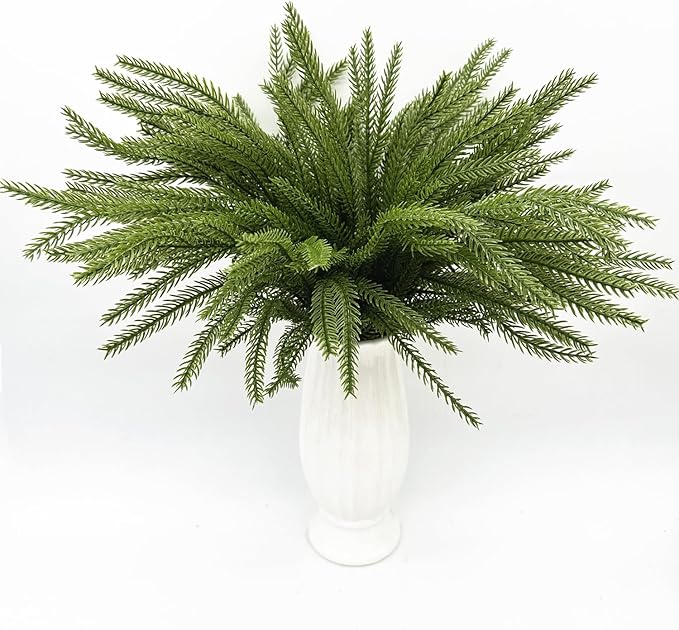 Artificial Norfolk Pine Branches Fake Greenery Realistic Plant Stems 18 Inch, Faux Pine Picks Real Touch Plastic Shrubs for Home Decor Vase Filler Indoor Outdoor Wreath DIY Christmas Decoration 4 Pack