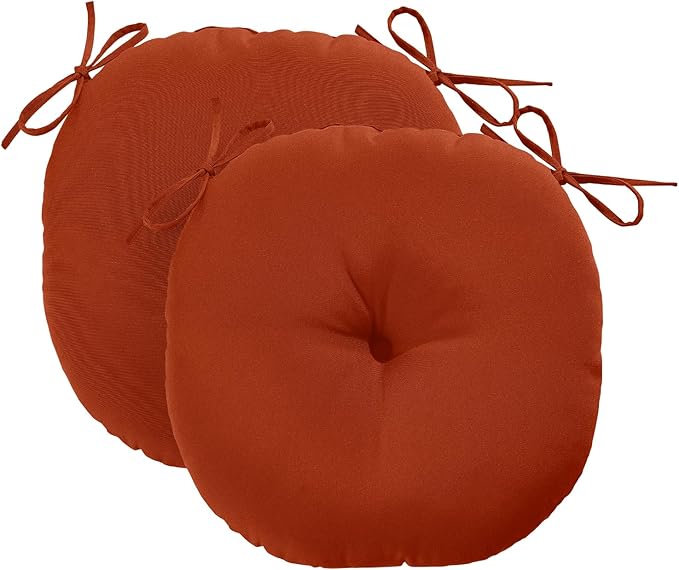 downluxe Bistro Chair Cushions for Patio Furniture, Water-Resistant Round Outdoor Chair Cushions Set of 2 with Non-Slip Ties, 15" x 15", Brick Red