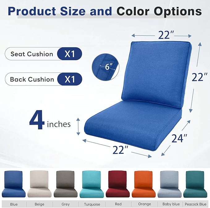 Belord Luxury 4" Thick Regular Outdoor Cushion Set - 22 x24 Inch 28D Sponge Filling Fade-Resistant Chair Cushions, Spill Proof Removable Patio Furniture Replacement Cushion for Sofa Bench - Blue
