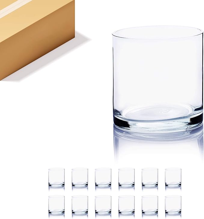 WGVI Thick Quality Weighted Clear Right Cylinder Glass Vases, 4"W x 4"H, Equilateral Cylinder, Votive Candle Holders, Terrarium Planter, Storage Container Pen Brush Holder, Bulk Wholesale, 12 Pieces
