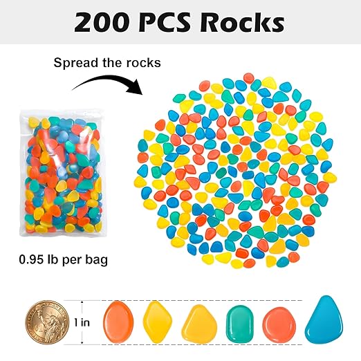 Glow in The Dark Rocks Outdoor, Solar Rocks for Landscaping, Outdoor Decor Glow in The Dark Stones, Glowing Pebbles for Garden Backyard Patio Lawn Fish Tank Aquarium Decor,200pcs Multi,0.6-1.1"