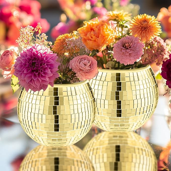 2 Pcs Disco Ball Vase,4.4 x 6 Inch Mirrored Disco Ball Planter,Disco Ball Candle Holders Perfect Disco Decorative Planters for Living Room Bedroom Table Wedding Party Birthday(Gold)