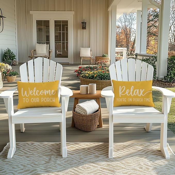 PANDICORN Farmhouse Throw Pillow Covers 12x20 Inch Relax Porch Time Yellow Outdoor Spring Summer Decorations Lumbar Decorative Cushion Case for Front Porch Patio Couch Sofa Decor