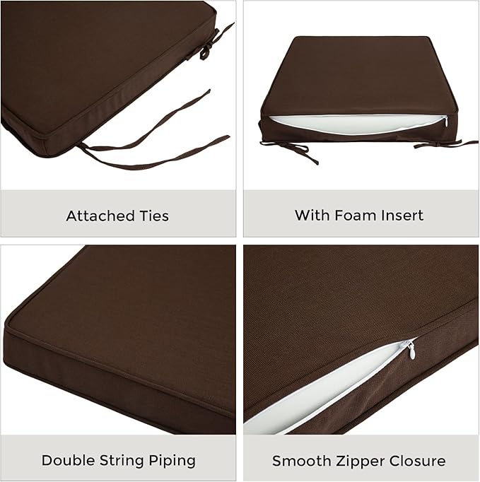 Outdoor Chair Cushions 18x18 Inch,Set of 2,Water Resistant Chair Pads with Ties,Square Seat Cushion 18"x18"x2.5",Patio Chair Cushion for Garden,Backyard Furniture(Chocolate Brown)
