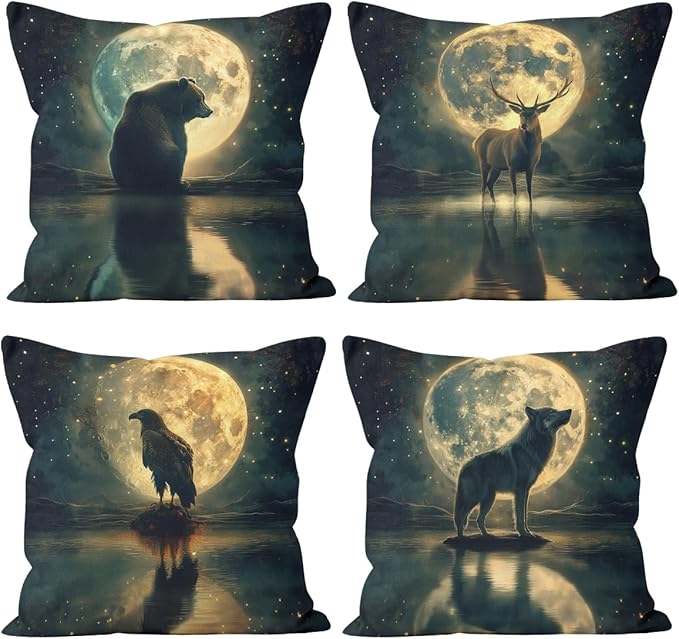 Moon Pillow Covers 18x18 inch Set of 4, Eagle Full Moon Reflection Wildlife Night Sky Throw Pillow Covers Cushion Case for Home Farmhouse Couch Sofa Bed Indoor Outdoor Decor