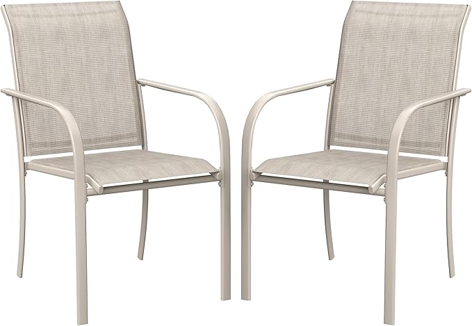 VICLLAX Patio Stackable Dining Chairs Set for 2, Outdoor Sling Chairs with Metal Frame for Front Porch Balcony Backyard Garden and Deck, Sandshell