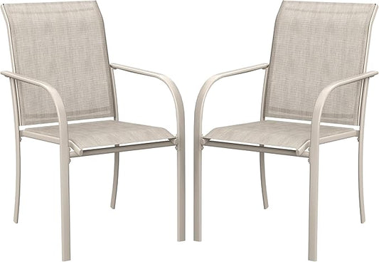 VICLLAX Patio Stackable Dining Chairs Set for 2, Outdoor Sling Chairs with Metal Frame for Front Porch Balcony Backyard Garden and Deck, Sandshell