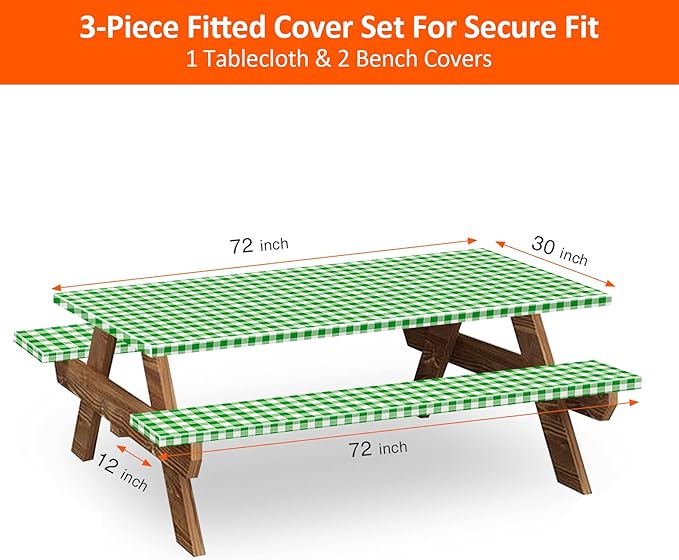 KENOBEE 6ft Picnic Table and Bench Cover, Camping Essentials RV Gear, 72in Waterproof Windproof Outdoor Elastic All Around Tablecloth, Fitted Rectangle Tables and Seats, Green-White Checkered
