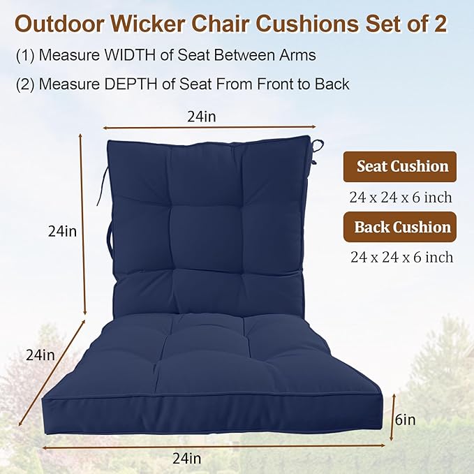 2 Piece Outdoor Patio Chair Cushions, Fade Resistant Outdoor Cushions for Patio Furniture, 6 inch Thickened Rocking Chair Cushions Set (Navy Blue, 24x24x6 inch - 2 Pieces)
