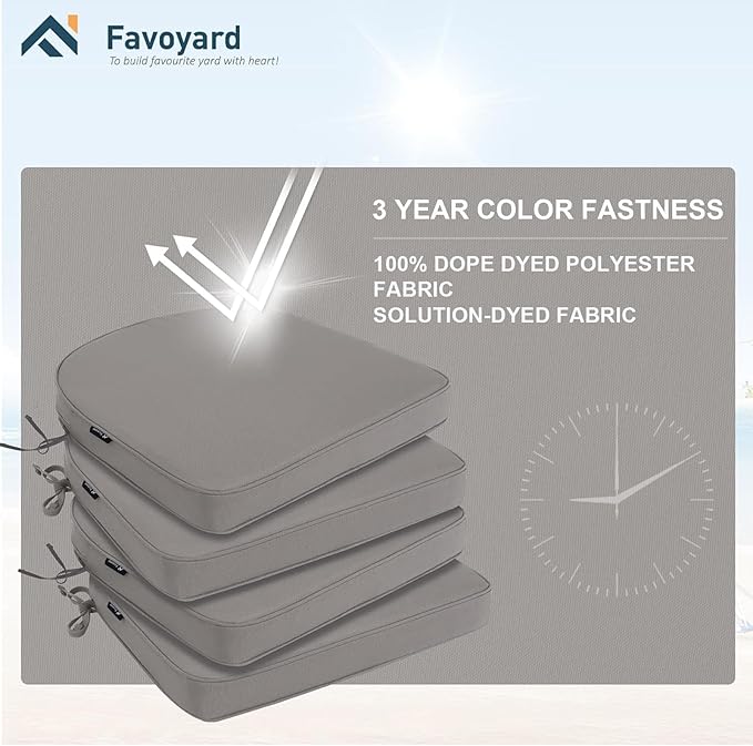 Favoyard Outdoor Chair Cushions 17"x16"x2" Set of 4 Waterproof Seat Cushion for Patio Furniture with 3-Year Fade Resistant Removable Cover Attach Straps Hidden Zipper Round Corner for Yard Garden