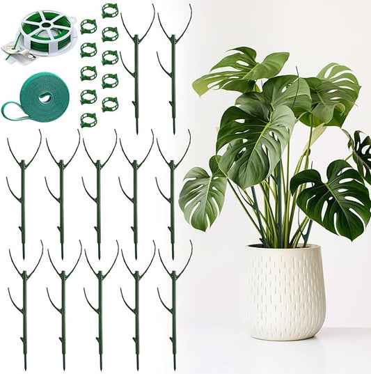 12 Pcs Stackable Plant Support Stakes with 1 Roll 2 M Stickers, 1 Roll 20 Cable Ties, 10 Clips, Stackable Plant Support Stakes for Indoor Outdoor Plants Potted Monstera Climbing Plants