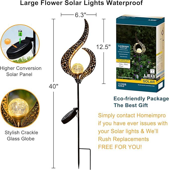 HOMEIMPRO Outdoor Garden Solar Lights Stake Waterproof, Mothers Day Gifts Mom, Crackle Glass Metal Flower LED Yard Art Ornaments Lights for Pathway, Lawn or Courtyard,Gardening Gifts Women (Bronze)