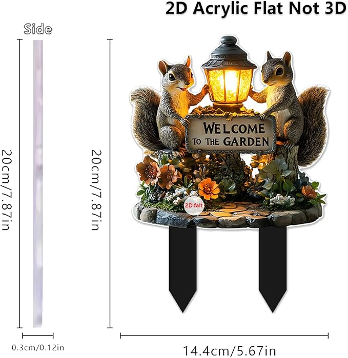 Cute Squirrels Garden Stake Decor, 2D Flat Stained Acrylic Animal Sign, Small Animal Ornament Indoor Outdoor Yard Lawn Pot Plant Decorative Accessories