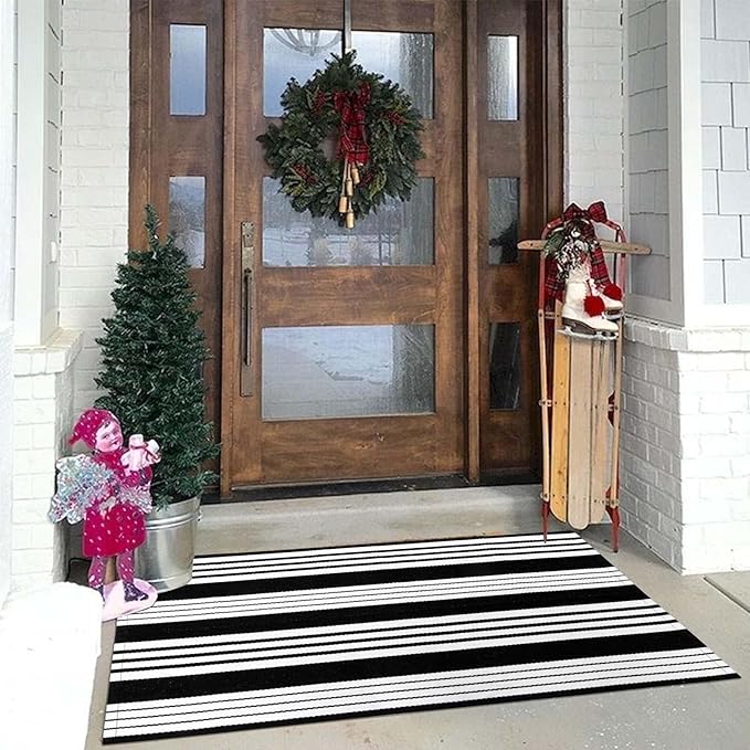 OJIA Black & White Outdoor Rug 3x5 Cotton Hand-Woven Striped Porch Rugs Machine Washable Entryway Rug Indoor Outdoor Area Rug Front Door Rug Floor Mat for Farmhouse/Living Room/Home Entrance