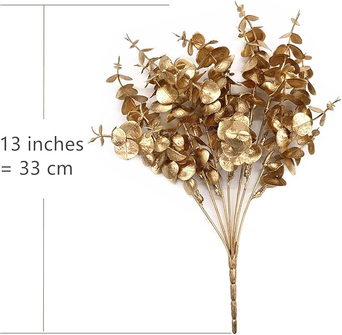 CATTREE Artificial Golden Eucalyptus Decorations, Fake Gold Plants Shrubs Faux Simulation Foliage for Wedding Party Indoor Hotel Hall Table Centerpieces Christmas DIY Decor Planting Filler - 4 Pack
