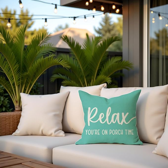 PANDICORN Farmhouse Throw Pillow Covers 18x18 Inch Relax Porch Time Turquoise Summer Beach Outdoor Decorations Pillow Decorative Throw Pillows Cases Cushion Covers for Porch Couch Sofa Decor