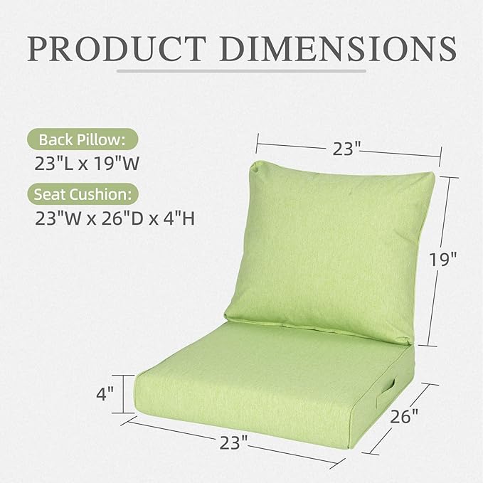Aoodor 23" x 26" Patio Deep Seat Cushion Set, Water Resistant & Fade Resistant Outdoor Furniture Cushions with Adjustable Straps for Patio, Deck, Garden, Green