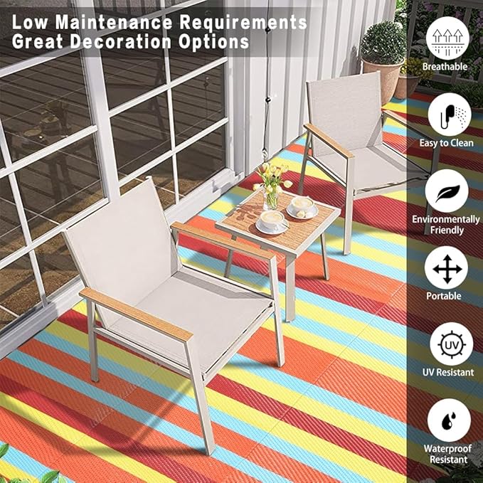 HUGEAR Outdoor Waterproof Rug 5'x8' Plastic Straw Rugs Washable Reversible Floor Mat Rainbow Stripe Carpet for Camping RV Deck Entryance Porch Picnic Balcony Beach Backyard