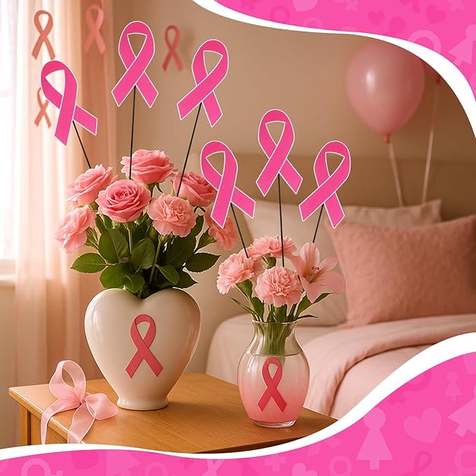 Pickmesh 6 Pcs 12" Breast Cancer Awareness Barn Metal Garden Stake Pink Ribbon Yard Sign Yard Stake for Breast Cancer Awareness Planter Pot Walkway Pathway Outdoor Decor Lawn Decoration