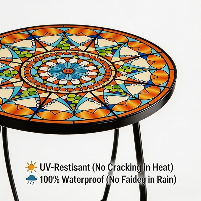 Set of 2 Mosaic Outdoor Side Tables Round, 15 Inch Height - Small Patio Table Set, Foldable Sun Pattern Metal Plant Stands for Garden, Balcony & Yard (Mosaic Sun, 2 Pack)