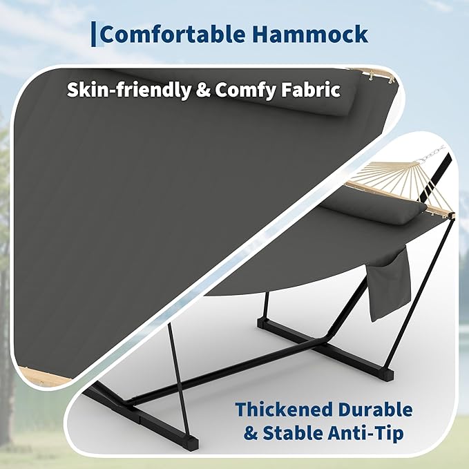 GarveeLife Outdoor Double Hammock with Heavy Duty Adjustable Steel Stand, Portable 2 Person Hammock for Patio Garden Beach Backyard