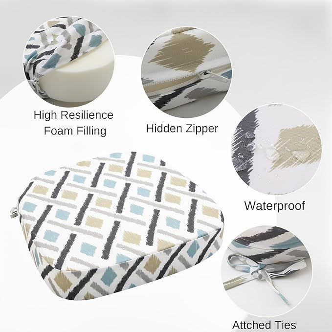 idee-home Outdoor Chair Cushions Set of 2, 19" x 19" x 3" Thick D-Shaped Patio Furniture Outdoor Seat Cushions Waterproof with Ties, Dining Pads