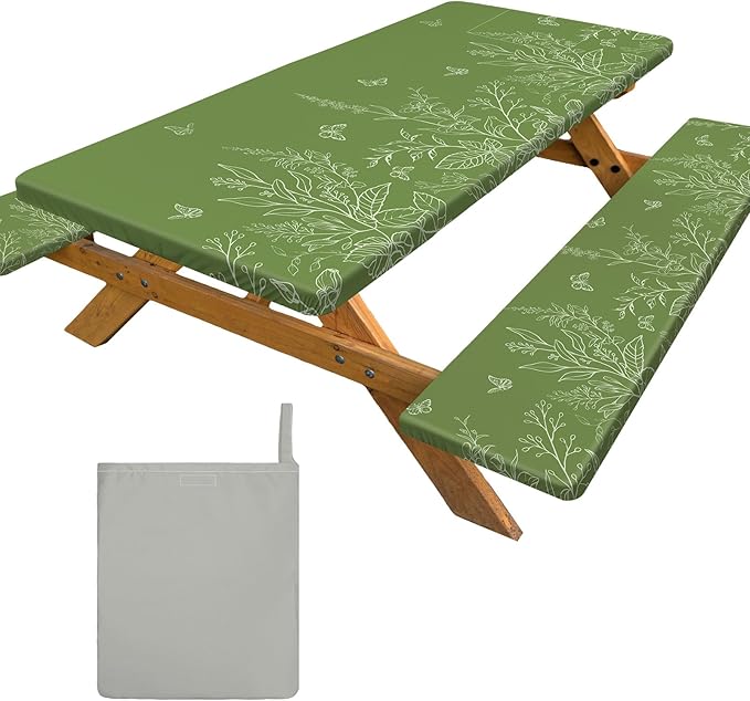 pickyNproud Picnic Table Cover with Bench Covers Portable Table Cloth Built-in Storage Pocket Picnic Table Covers with Elastic Waterproof Camping Essentials for RV Camping