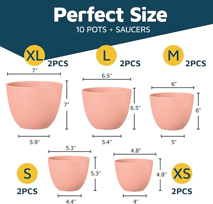 Planter Pots with Drainage Holes - Lightweight, Durable, and Space-Saving Pots for Indoor and Outdoor - Versatile Functionality, Simple Modern Design, Set of 10 Plastic Planter Pots - Pink