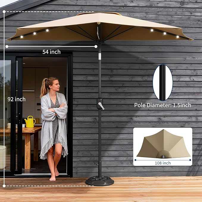 Garvee Patio Umbrella 9FT - Half Umbrella Outdoor with Solar LED Lights and Smooth Crank Lift, Outdoor Shade Canopy for Patio, Backyard, Garden, Deck, Balcony -Tan