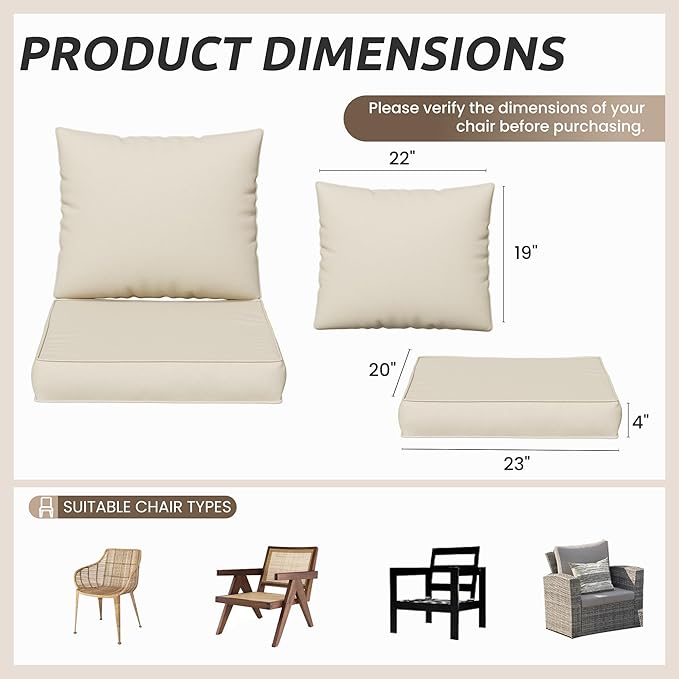 Amopatio Outdoor Chair Cushions 22.5"× 20.3" × 4", Set of 4 with Removable Cover, Waterproof & Fade Resistant seat Cushions for Patio Furniture, Cream