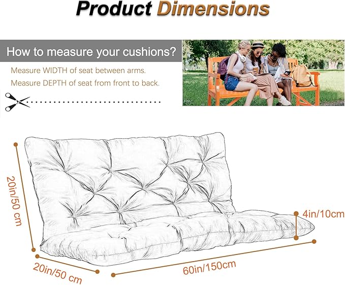 2-3 Seat Swing Replacement Cushion, Outdoor Bench Cushions with Backrest Thicken 4", Patio Furniture Garden Porch Loveseat Glider Pad Anti-Fading Waterproof (French Grey, 40x60in)
