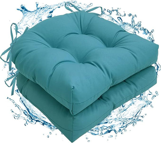 2 Pack Waterproof Outdoor Chair Cushions, Thick Tufted U-Shaped Seat Cushions with Adjustable Ties for Garden Chairs, Patio Furniture, 19x19x4.5 Inches
