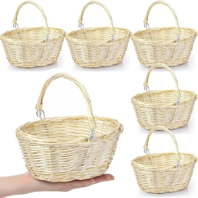 Barydat 6 Pcs Small Wicker Picnic Basket with Handle Flower Girl Baskets Oval Willow Woven Braided Gift Basket for Easter Weddings Baby Shower Home Garden Decor (Beige,9" x 7" x 4")