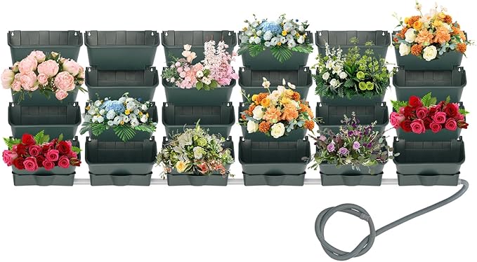 Vertical Wall Planter for Indoor Plant-Walls Mounted Pot with 6 Drainage Tray 24 Pack, 13" Planter w/6.56ft Drainage Pipe for Decor, Plastic Pots Balcony Planters (24, Army Green)