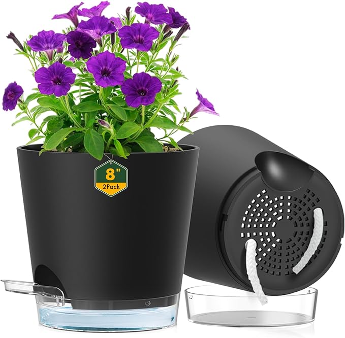 8 inch Self Watering Pots for Indoor Outdoor Plants, 2 Pack Flower Plant Pots with Drainage Holes & Clear Reservoir for Visible Water Level, Plastic Wicking Planters for House Plants, Black