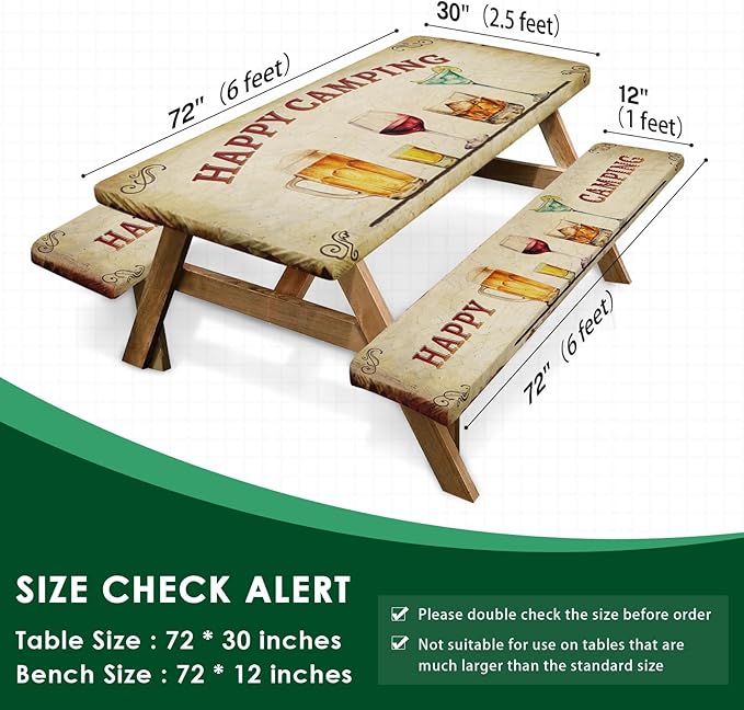 Picnic Table Cover with Bench Covers Elastic Edges, Vintage Camper Fitted Table Cover, Outdoor Camping Essentials 72 Inch 3PCS, Waterproof Camping Fitted Tablecloth with Drawstring Bag