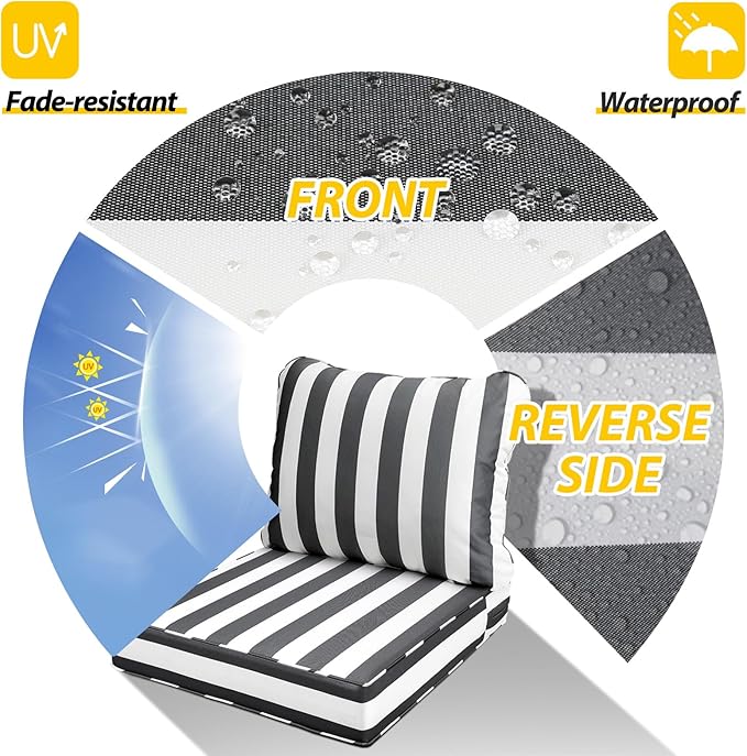 AAAAAcessories Outdoor Seat Cushions for Chairs, Fade-Resistant, Waterproof Patio Furniture Replacement Cushions, 22" x 24" x 5" + 22" x 19", Gray Cabana Stripe