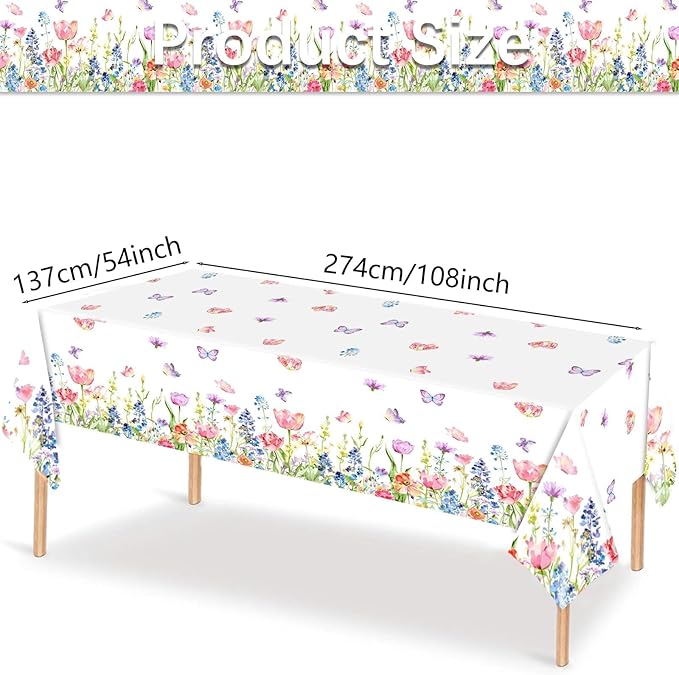 3 Pieces Spring Floral Rectangle Plastic Tablecloth - 54x108 Inch Disposable Wild Flowers Table Cover with Butterflies and Flowers for Garden, Tea Party, Easter, Birthday, and Picnic Decorations