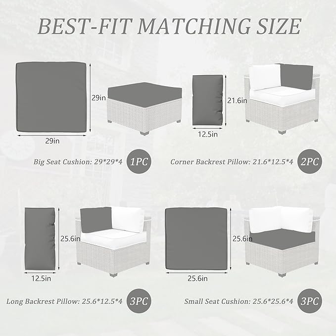 Outdoor Cushions for Patio Furniture with 5 Pillows, Waterproof Patio Furniture Cushions Replacement, 4" Deep Seat Outdoor Sectional Cushions for 4-seat Patio Furniture Chair Sofa Couch,Light Grey