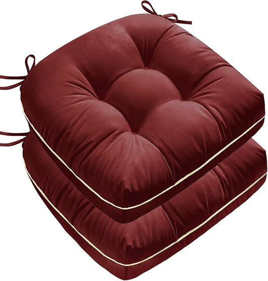 Outdoor Chair Cushions Set of 2, Outdoor Cushions for Patio Furniture and Wicker Chair, Memory Foam Patio Seat Cushion Pads with Ties, 19 x 19 Inch (Burgundy)