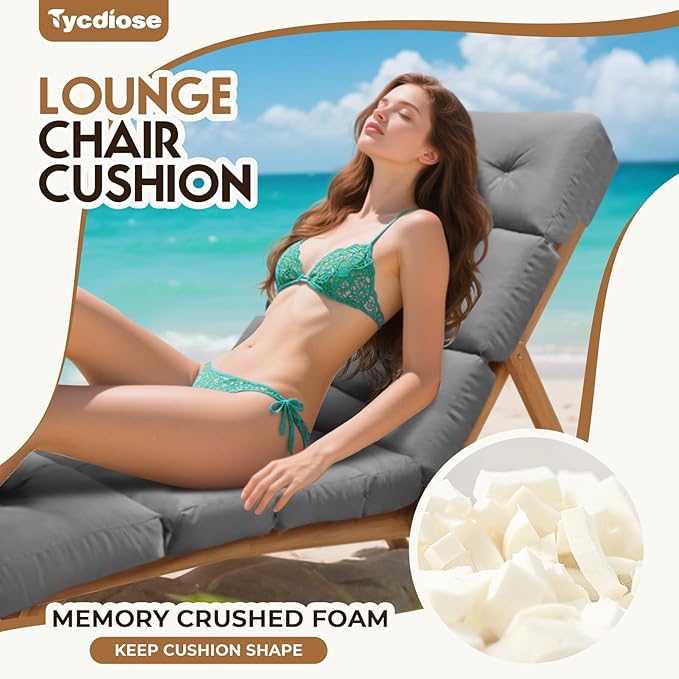 All Weather Chaise Lounge Cushions Outdoor Lounge Chair Cushion, Waterproof Chaise Lounger Chair Cushion Replacement for Outdoor Patio Furniture with Non-Slip Back and Ties, Grey