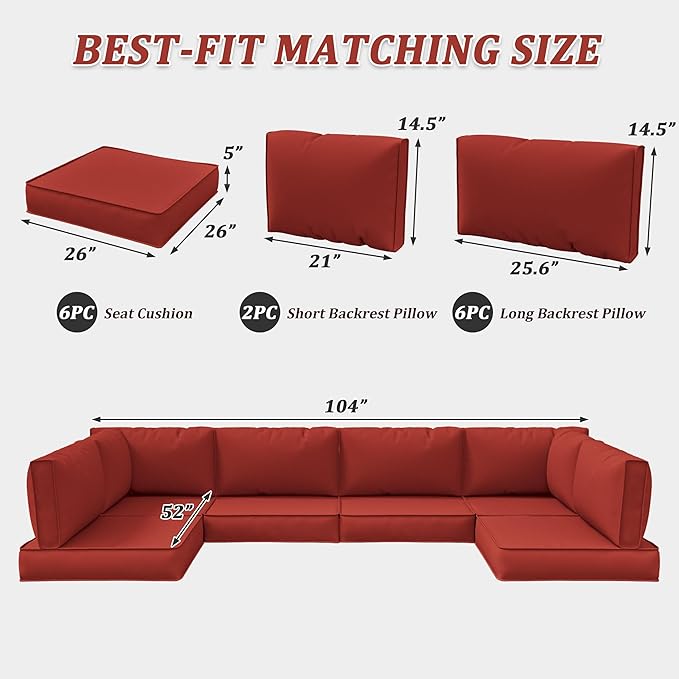 14-Piece Outdoor Cushions for Patio Furniture Thick Outdoor Chair Cushions 5" Foam High-Density Water-Resistant Deep Seat Cushion for 6-Seat Sectional Sets Liner&Cover Terra Red