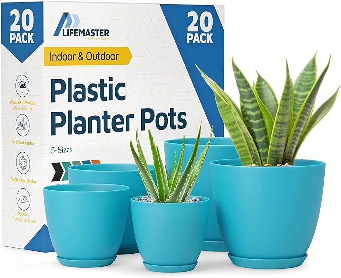 Blue Plant Pots with Drainage Holes & Saucers 20 Pack, Indoor & Outdoor Stackable Space-Saving Planters for Houseplants & Flowers, (7", 6.7", 6", 5.3", and 4.8" Inches), Durable & Weatherproof