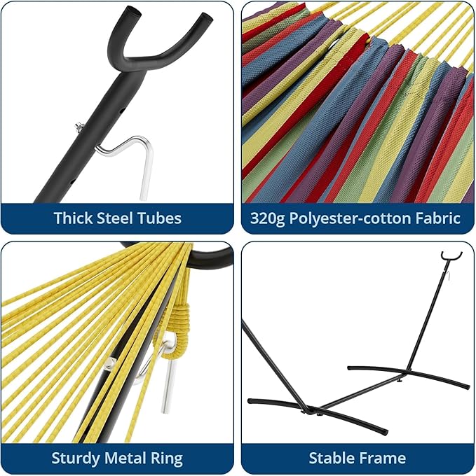 Double Hammock with Space Saving Steel Stand Included-2 Person Camping Hammock with Carry Bag, Outdoor Portable Hammocks, 450lb Capacity Standing Hammocks for Garden Yard(Yellow Rainbow)