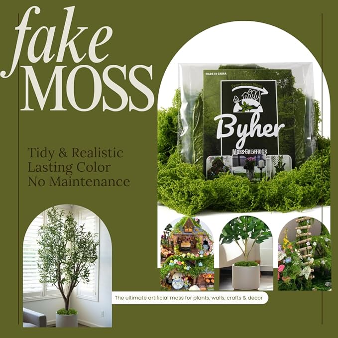 BYHER Fake Moss for Crafts – 3.5OZ Fluffy Cloudlike Artificial Moss for Potted Plant Indoor & Fairy Gardens – Realistic Green Moss Alternative for Terrariums, Dioramas, Model Scenes (Dark Green)